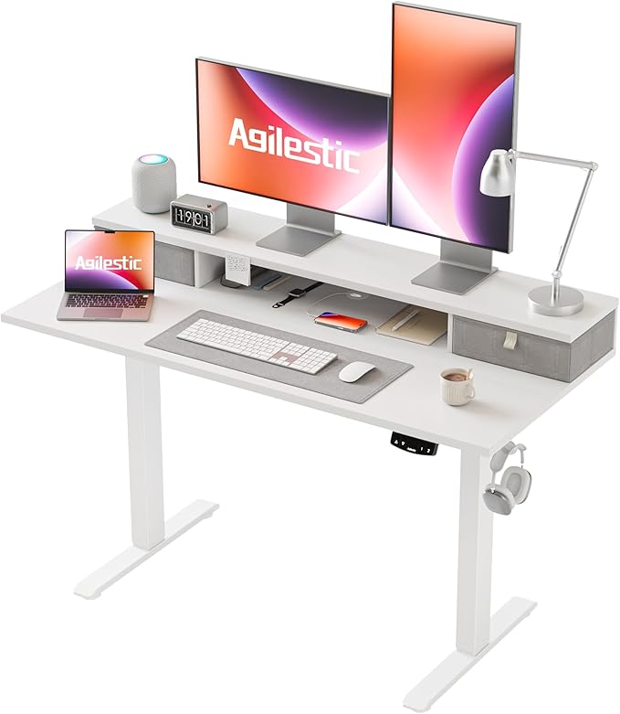Agilestic 48 x 23 Inches Electric Standing Desk with 2 Storage Drawers, Adjustable Height Sit and Stand Computer Table with Splice Board, White