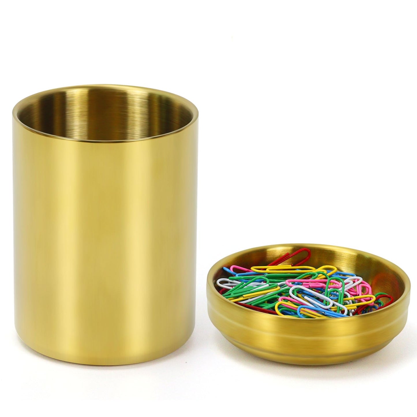 MultiBey 2 Pcs Gold Desk Organizer Set, Luxury Paper Clip Holder & Pencil Holder Cup for Office Supplies, Metal Makeup Brush Holder, Decorative Desktop Accessories (Gold)