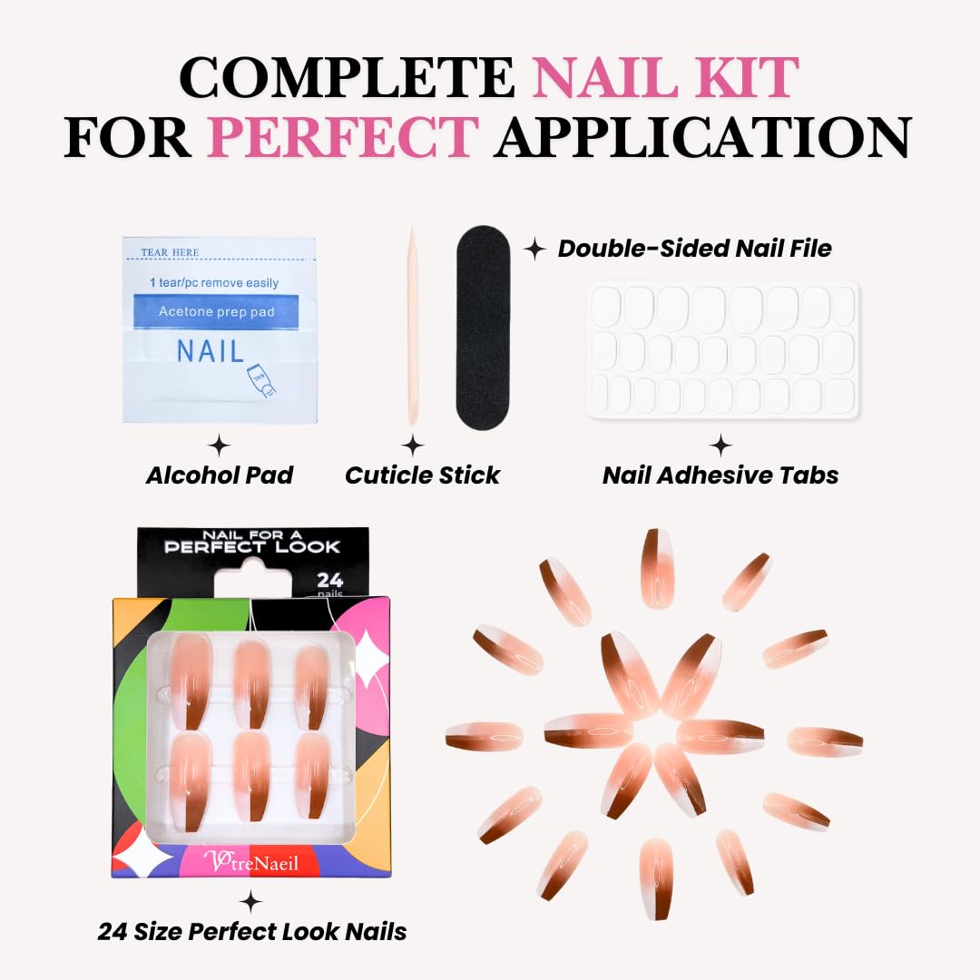 PerfectLook Press On Nails - Chic Glaze | No Glue One-Day Long Coffin Nails, Glossy Pink Swirl French Fake Nails - 24 Pcs Nail Kit with Adhesive Tabs