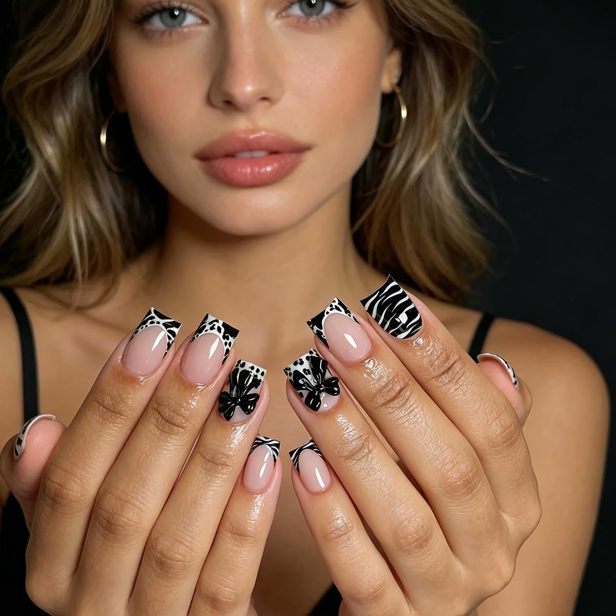 Short Square Press on Nails French Tip Fake Nails with Zebra Print & 3D Bow Design Nude Base Acrylic False Nails Reusable Glue on Nails for Women, Black White Manicure Kit with Jelly Glue, 24Pcs