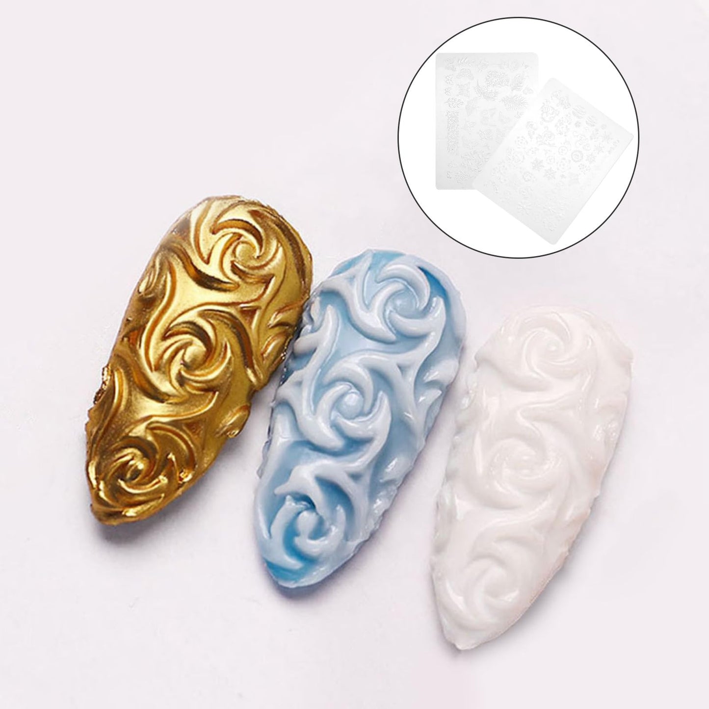 FRCOLOR Nail Art Silicone Stamping Plates 2 Pcs 3.14X2.36 Inch Nail Template Set with 3D Embossed Patterns for DIY Manicure Pedicure Art Molds