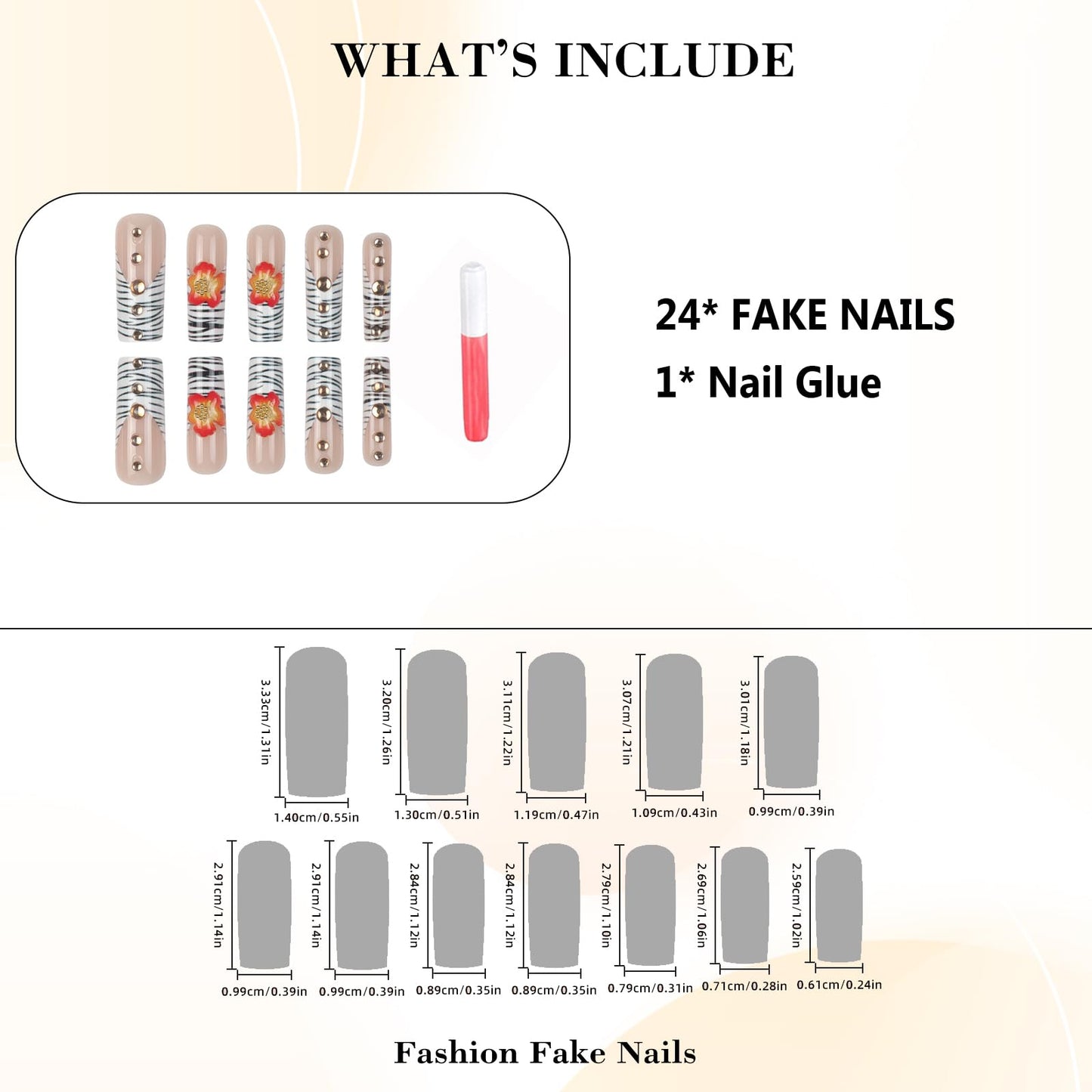 IMRAIN Long Press on Nails Square Fake Nails Zebra Stripes French Tips False Nails with Orange 3D Flower Designs Full Cover Glossy Acrylic Gel Handmade Glue on Nails for Women
