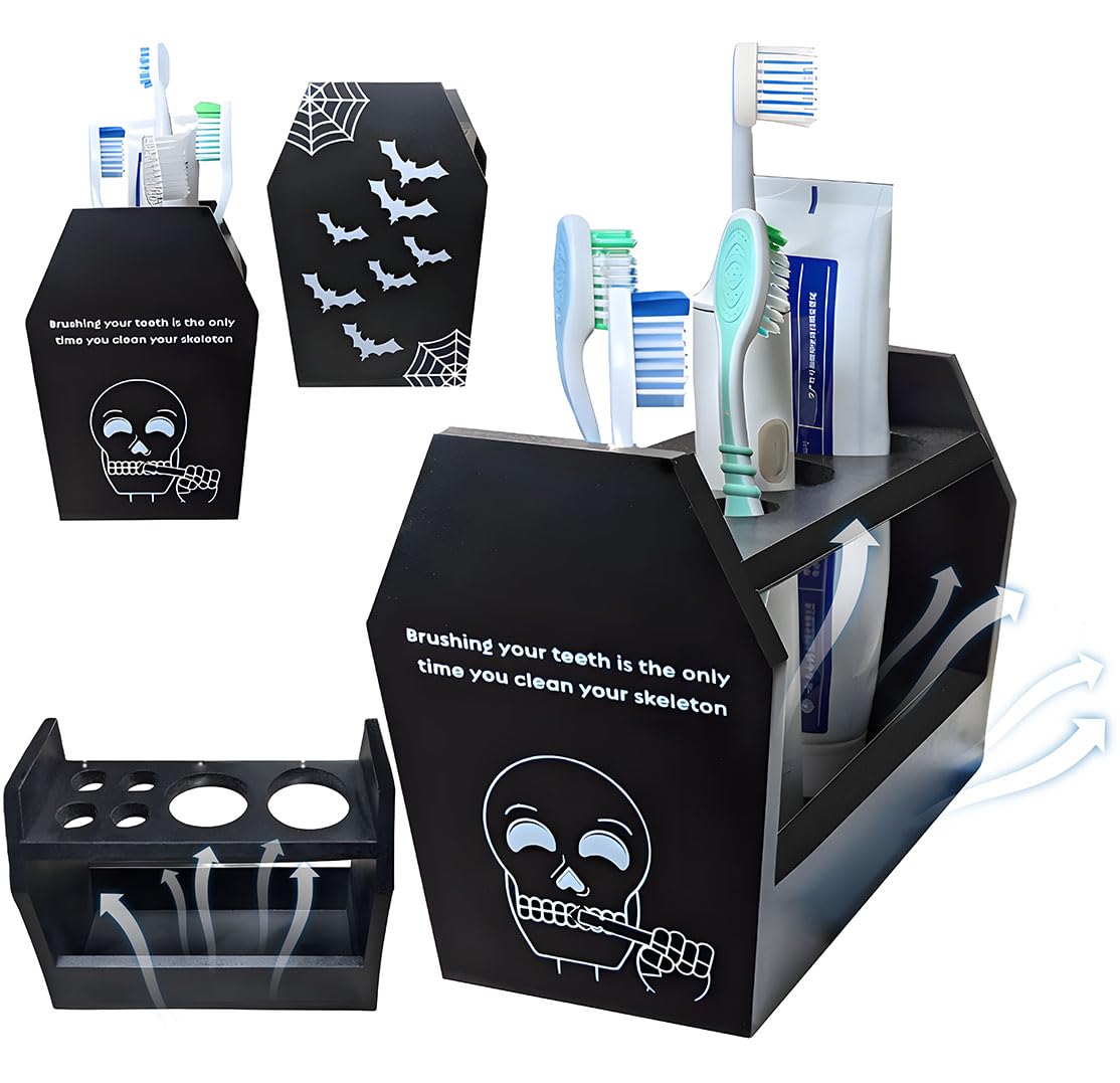 Halloween Gothic Bathroom Decor - Spooky Goth Coffin Toothbrush Holder Sides Wide Open Quick Dry, Roomy Space, Horror Bats Skull Design - 5.5" L x 4" W x 6" H