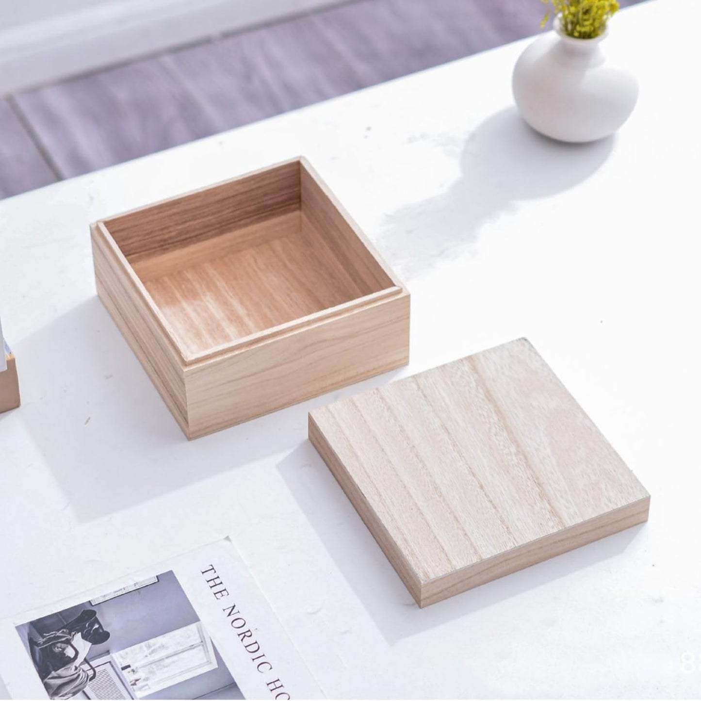 Anktily 4PCS Unfinished Wooden Box with Top Lid, 4.7 x 4.7 x 3 inch Small Square Wood Keepsake Box,Rustic Wood Container Boxes for Crafts, Home Storage