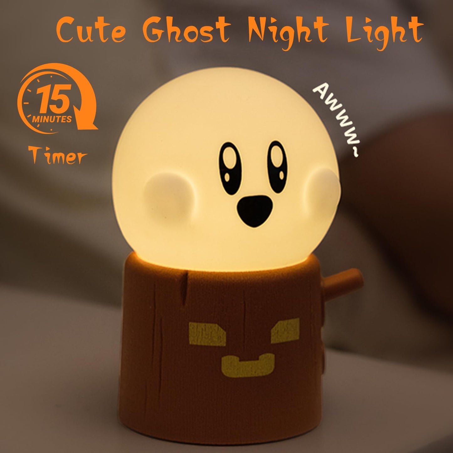 AVEKI Ghost Night Light for Kids, Kawaii Ghost Stump Lamp with Candle Light & Steady on Modes, Dimmable Nightlamp for Baby Nursery, Rechargeable Halloween Night Light Halloween Gifts for Kids
