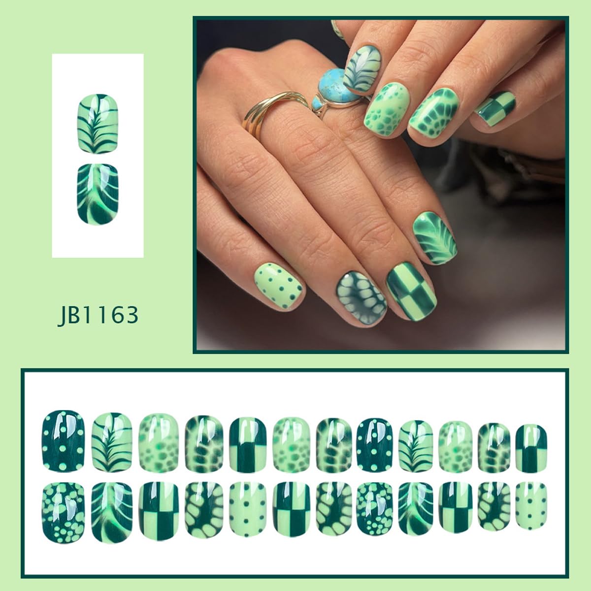 Green Press on Nails Short Square Fake Nails Spring Summer Nails Press ons with Botanical Design,Full Cover Glue on Nails for Women Manicure,Artificial | Reusable | Easy Apply | 24Pcs