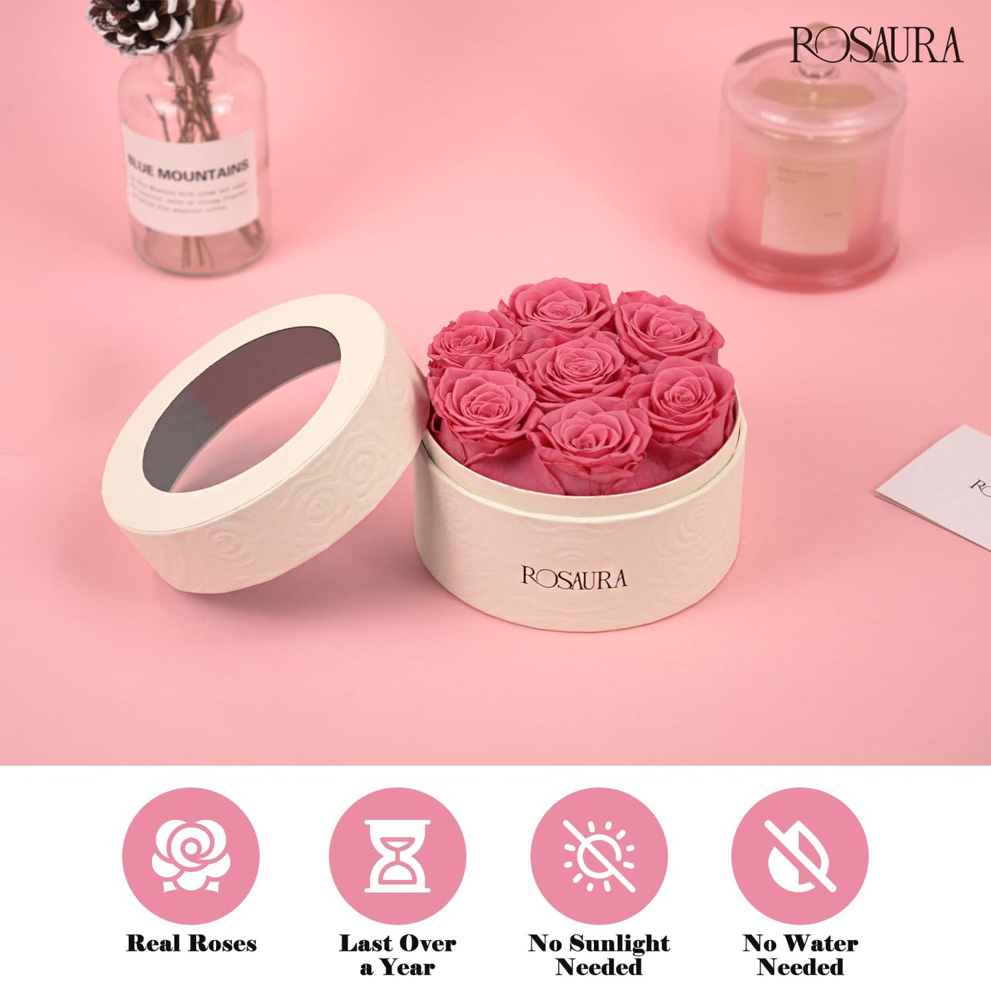 Rosaura Round Preserved Roses Gift Box (Pink, 7 Roses)