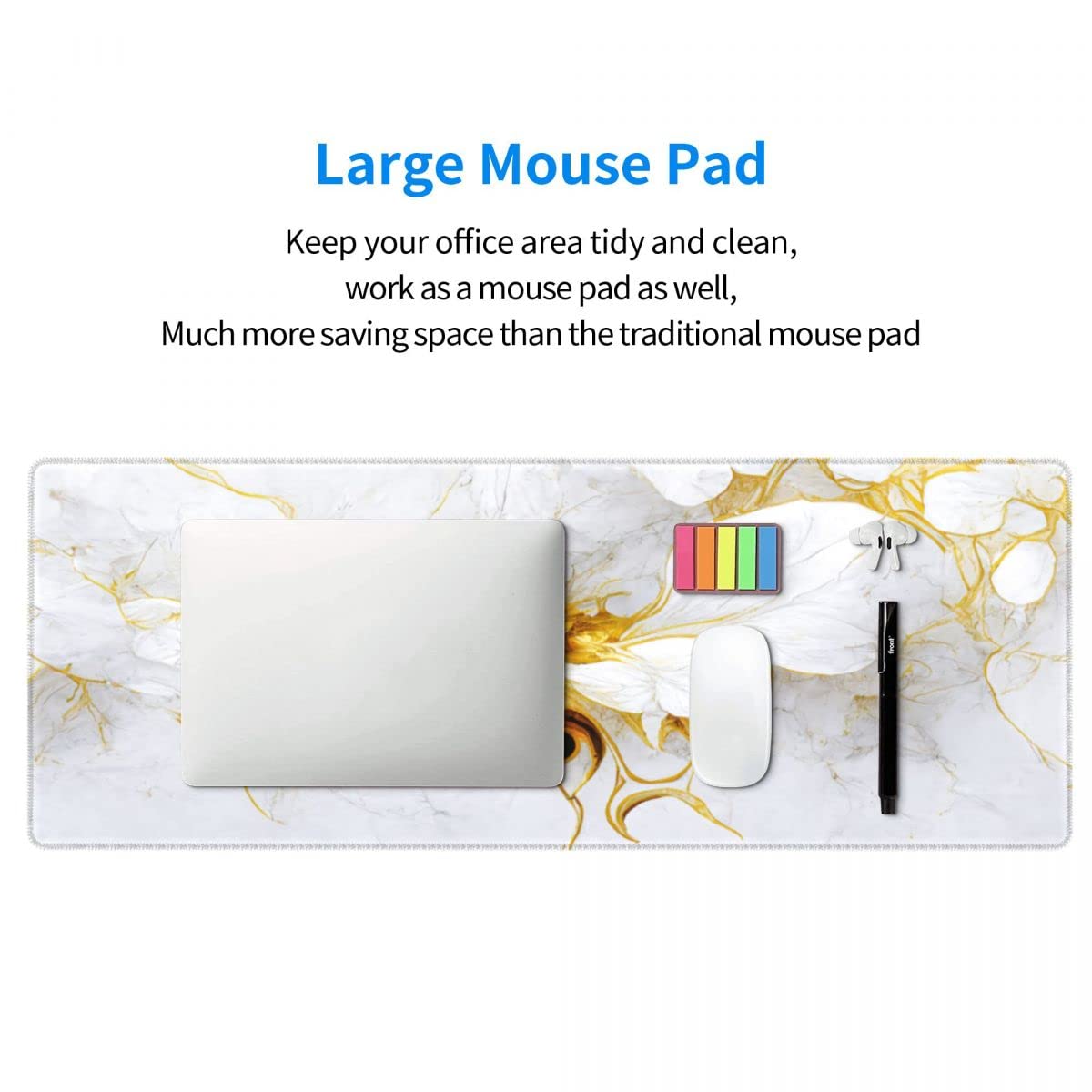 CANFLASHION Desk Pad,Office Desk Mat 31.5"×11.8" Large Gaming Mouse Pad,Extended Computer Mouse Pad,Waterproof Thick Big Mouse Pads with Non-Slip Rubber Base Office Home White Gold Marble Flower