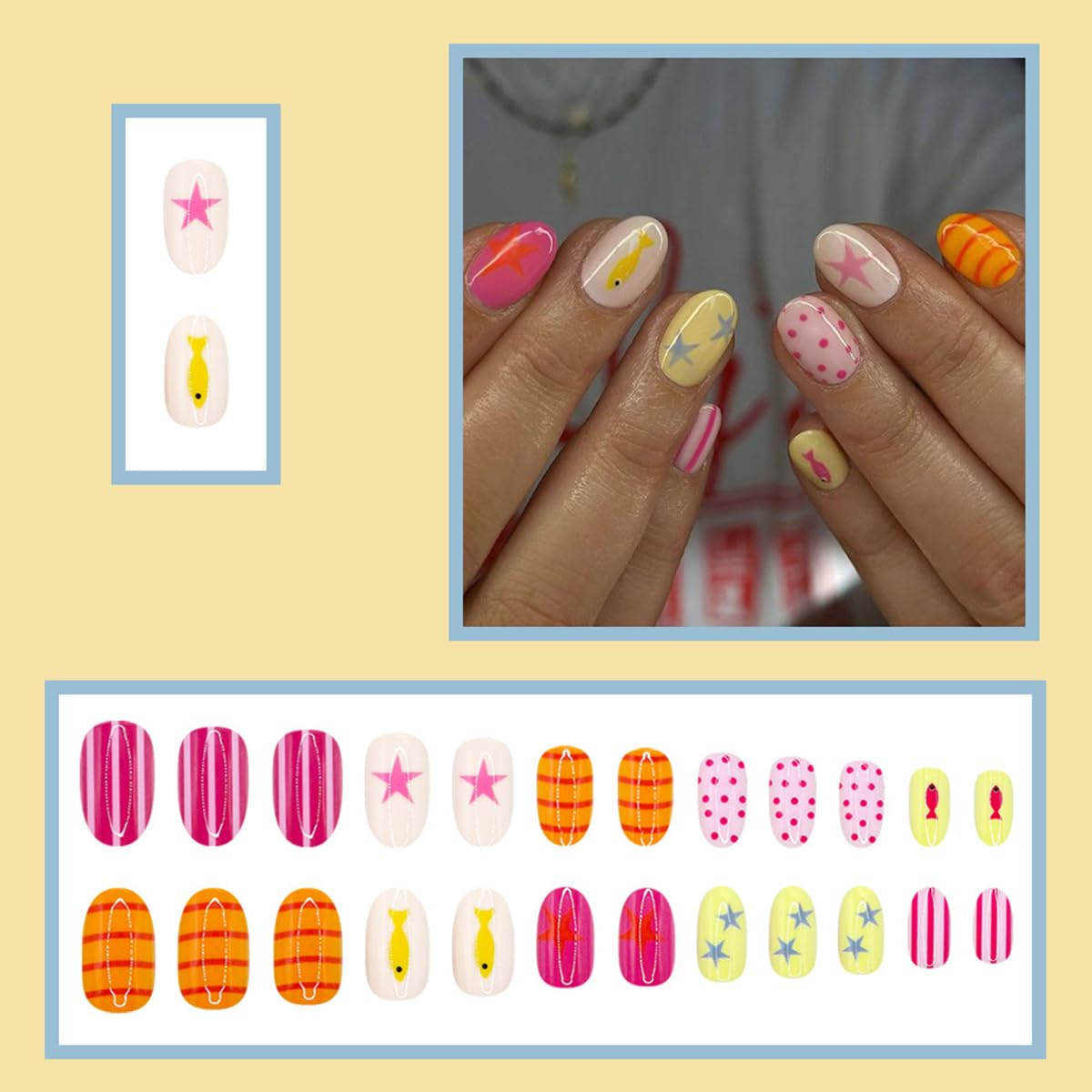 24 Pcs Summer Press on Nails Short Oval WLGDLH Fake Nails, Striped False Nails Press ons with Ocean Fish Star Polka Dots Design, Multicolor Glue on Nails for Women Manicure, Glossy Finish