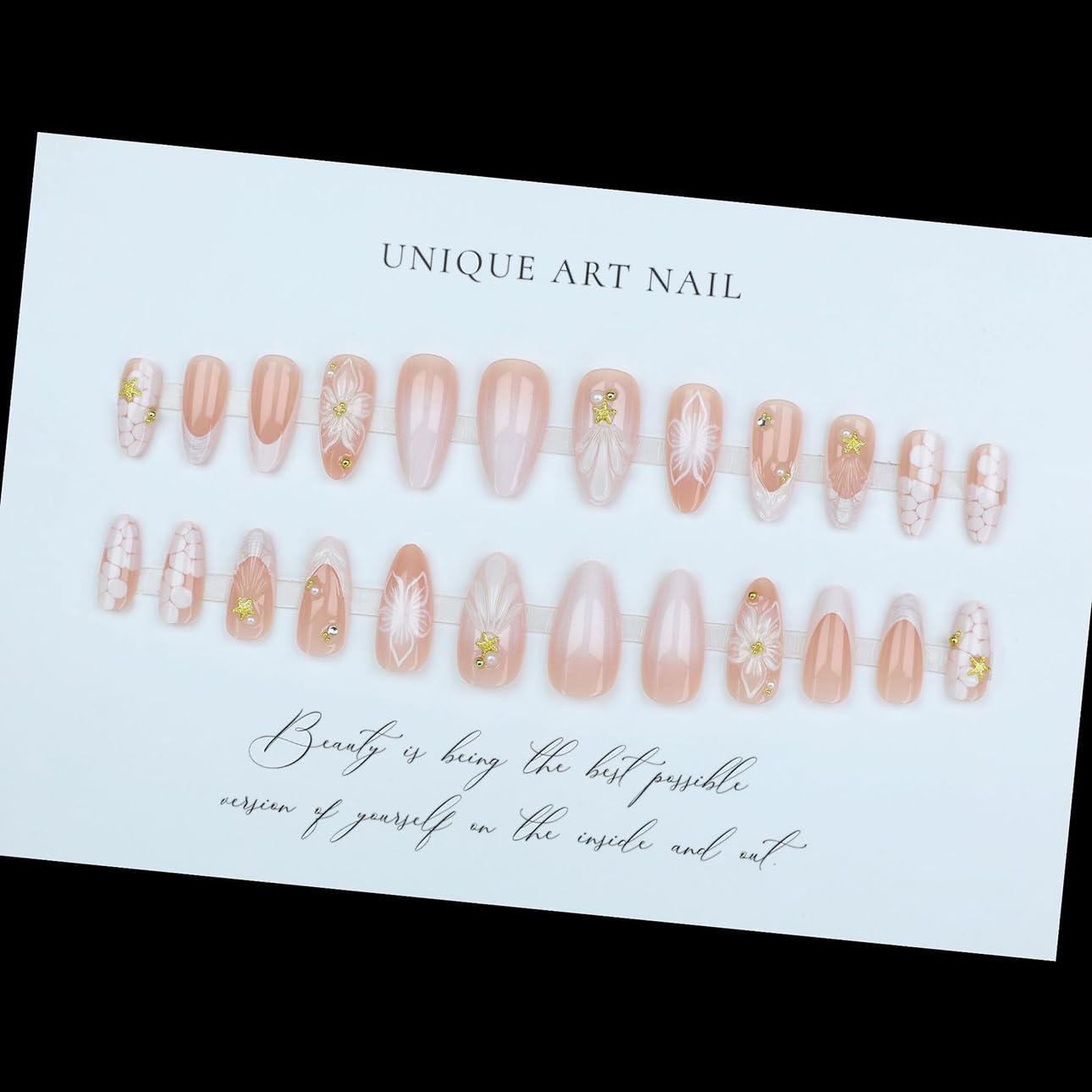 LPOODDNU 3D Almond Press on Nails - White French Tip Medium Fake Nails with Flower Pearl Star Designs, Glossy Finished Reusable False Nails with Adhesive Glue Tabs - 24Pcs Nail Kit for Women Manicure