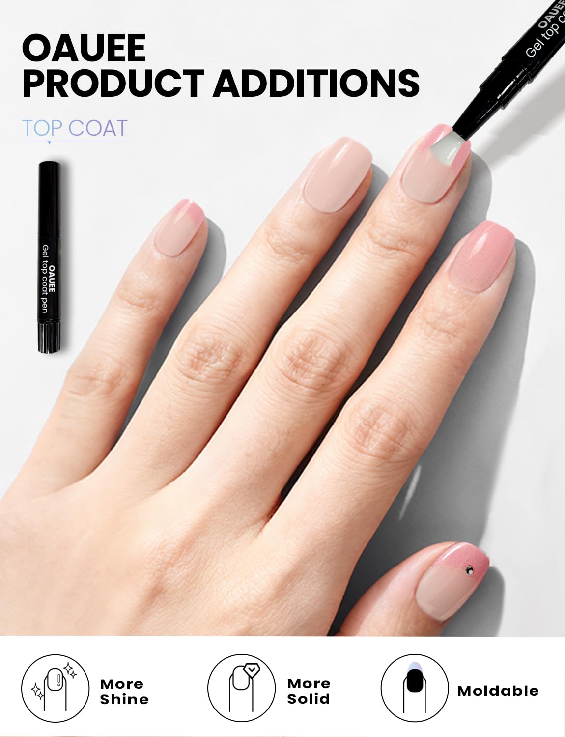 Oauee Semi Cured Gel Nail Strips | Built-In Gel Top Coat | UV Light Required | Salon Quality, Easy Application And Removal (Blush Glitter Crescent）