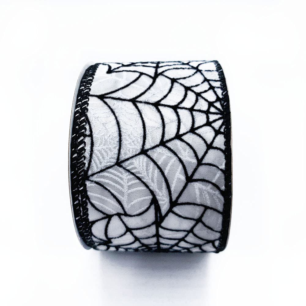 Designer’s Shop Halloween Wired Edge Ribbon 2.5” x 10 Yard for DIY Crafting, Home Décor (Spider Web- Black-White) WR 63-5113 Black Spider Web on White Satin Ribbon