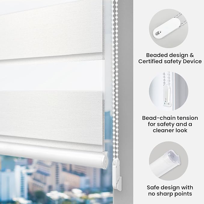 FOIRESOFT Standard Blackout Zebra Roller Blinds [Bonita, Pure White, W 39 x H 64inch] Dual Layer Privacy Shade, Room Darkening, Select 1x1 for Custom