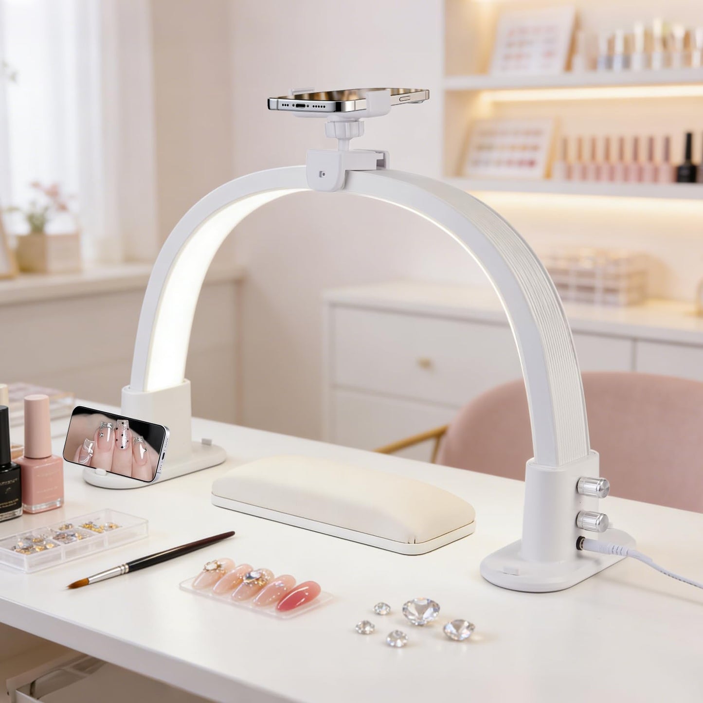 Rosiour Half Moon Light for Nail Desk: 18.5" Half Moon Nail Tech Light with Phone Holder -Shadow-Free Arch Nail Table Lamp with with 3 Color Modes & 10 Brightness for Manicure Salon (White, 18inch)