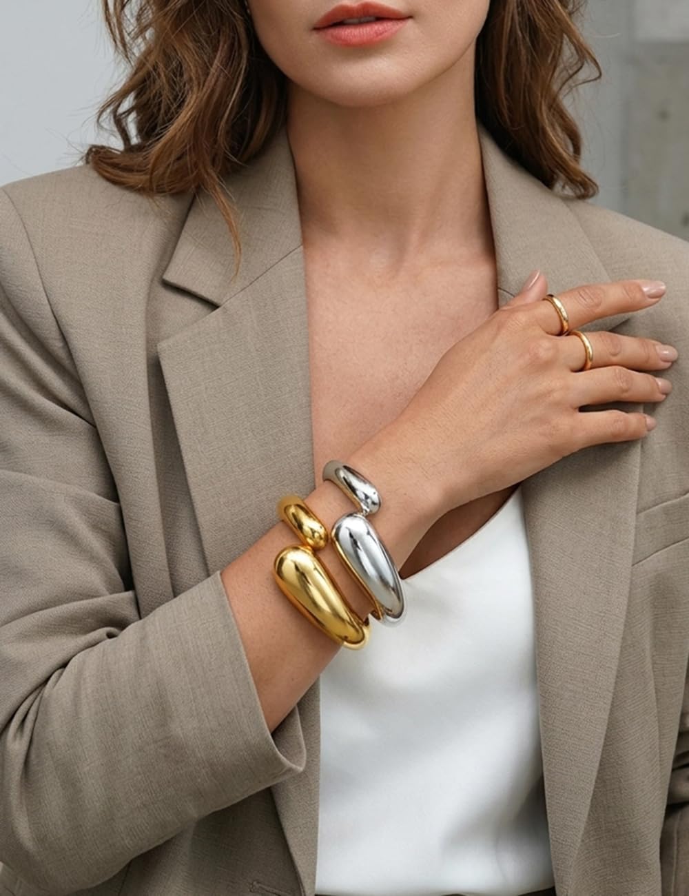 Chunky Gold Bangle Bracelets for Women, Dainty 14k Gold Plated Big Stackable Bangles Set, Trendy Statement Cuff Bracelet Stack Summer Beach Jewelry Gifts (2 Gold & silver bangles)