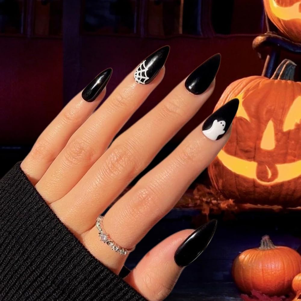 KQueenest Black Press on Nails Medium Almond Stiletto with Ghost Pattern, Gel Fake Nails Medium, Acrylic Nails Press ons Feature Protective UV Coating in 24PCS