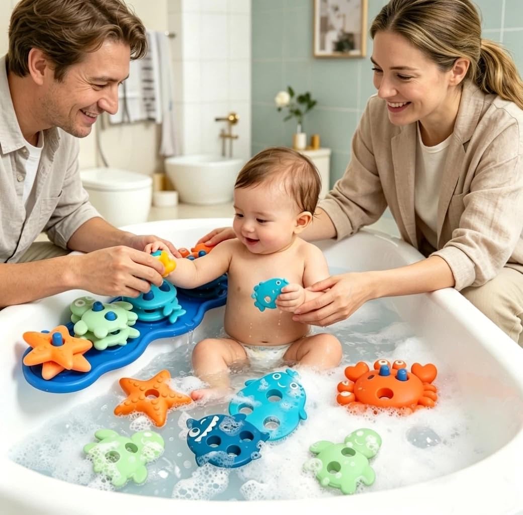 Silicone Baby Bath Toys – Stackable, Shape-Sorting Floating Set with 10 Mold-Free Textured Pieces, No-Hole Design – Early Learning Bathtub Toys for Toddlers and Kids