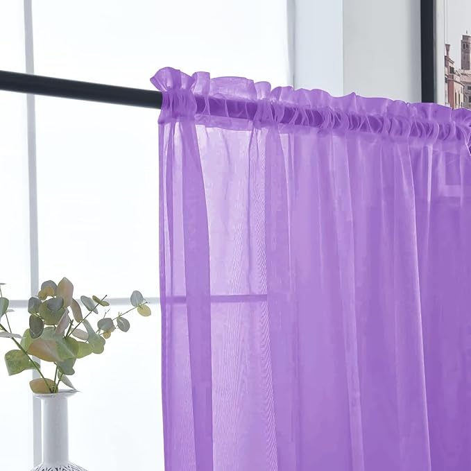 SpaceDresser Basic Rod Pocket Sheer Voile Window Curtain Panels Lavender 1 Pair 2 Panels 26 Width 24 Inch Long for Kitchen Bedroom Children Living Room Yard（Lavender，26Wx 24L）