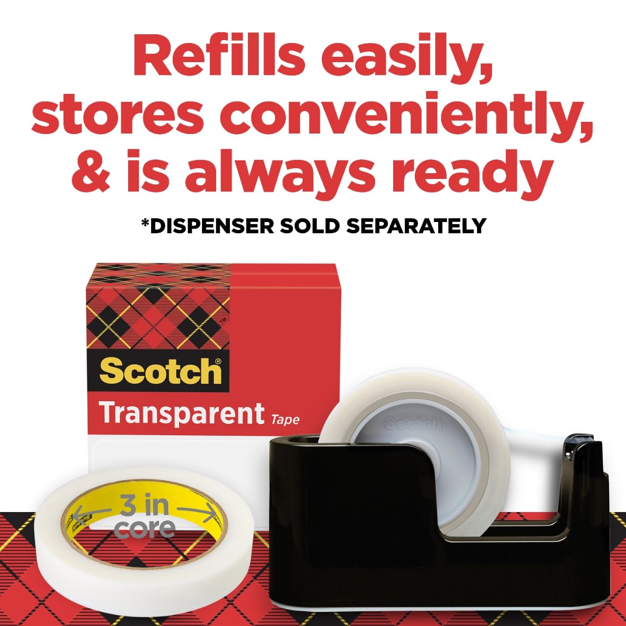 Scotch Transparent Tape, Clear Tape Engineered for Office and Home Use, 3 Inche Core, 1 in x 2592 in, 3 Rolls
