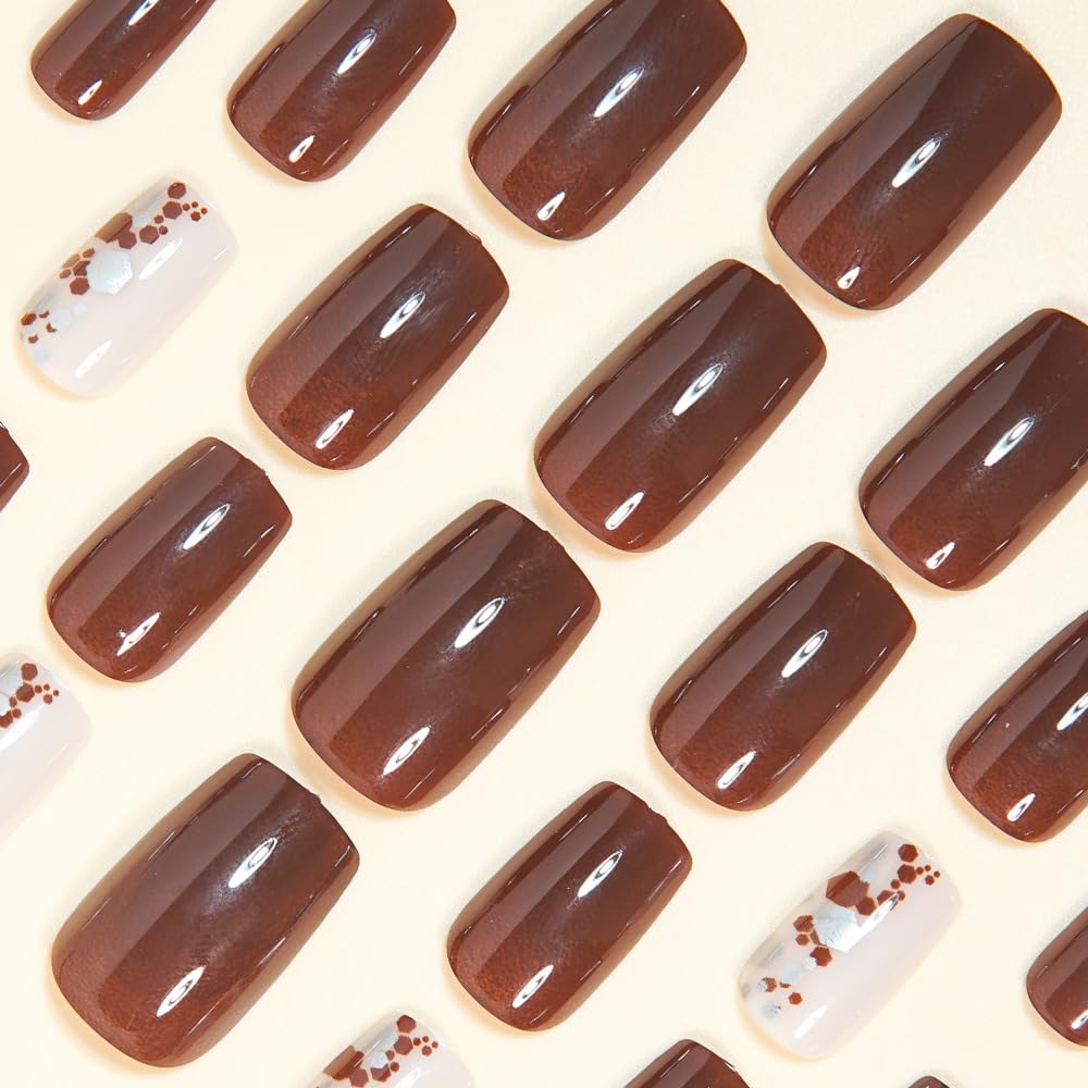 Square Press on Nails Short Fake Nails Brown Acrylic Full Cover Glossy Stick on False Nail for Women 24PCS