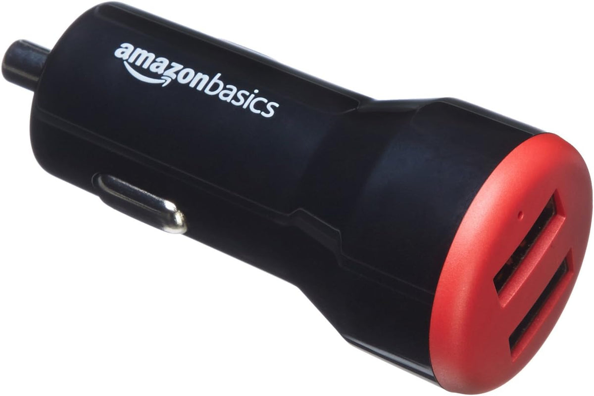 Amazon Basics 24W 2-port USB-A Car Charger for Phones (iPhone 16/15/14/13/12/11/X, Samsung, and more), non-PPS, Black/Red