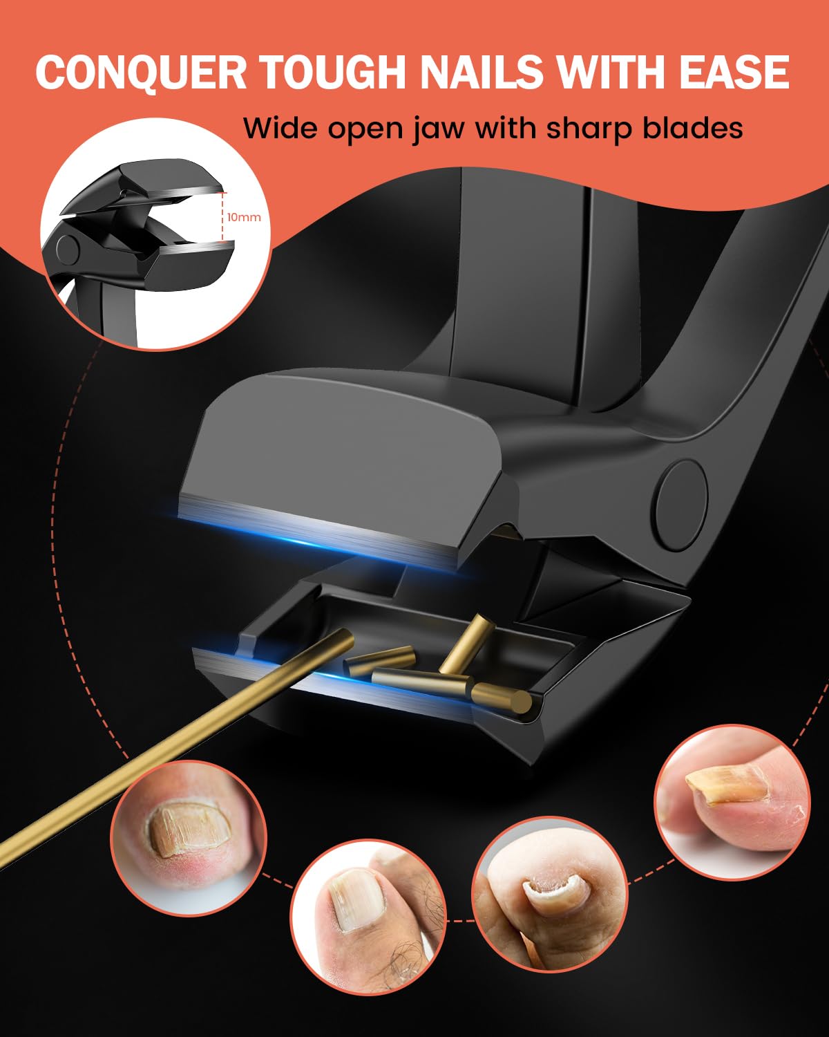 BEZOX Angled Head Toe Nail Clippers for Thick Nails – Straight Blade Toenails Clipper for Seniors, Ergonomic Nail Cutters with Catcher, Heavy-Duty Nail Trimmer - Black