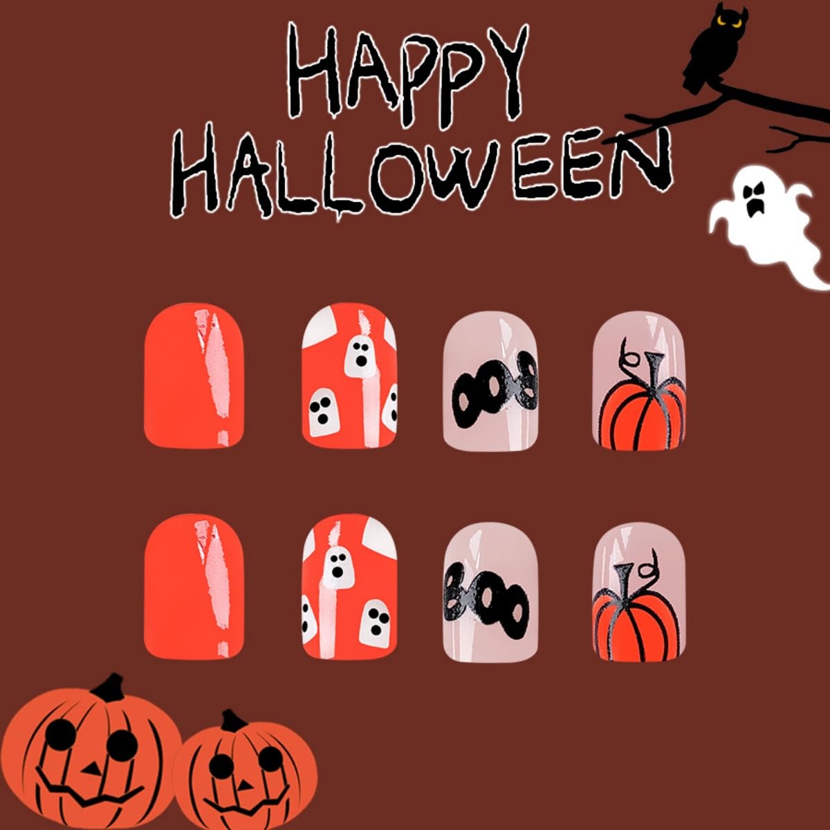 Halloween Press on Nails Short Square Fake Nails Ghost Pumpkin Bat Design Stick on Nails Orange Black False Nails Glossy Full Cover Acrylic Glue on Nail for Women Nail Art Decoration 24Pcs