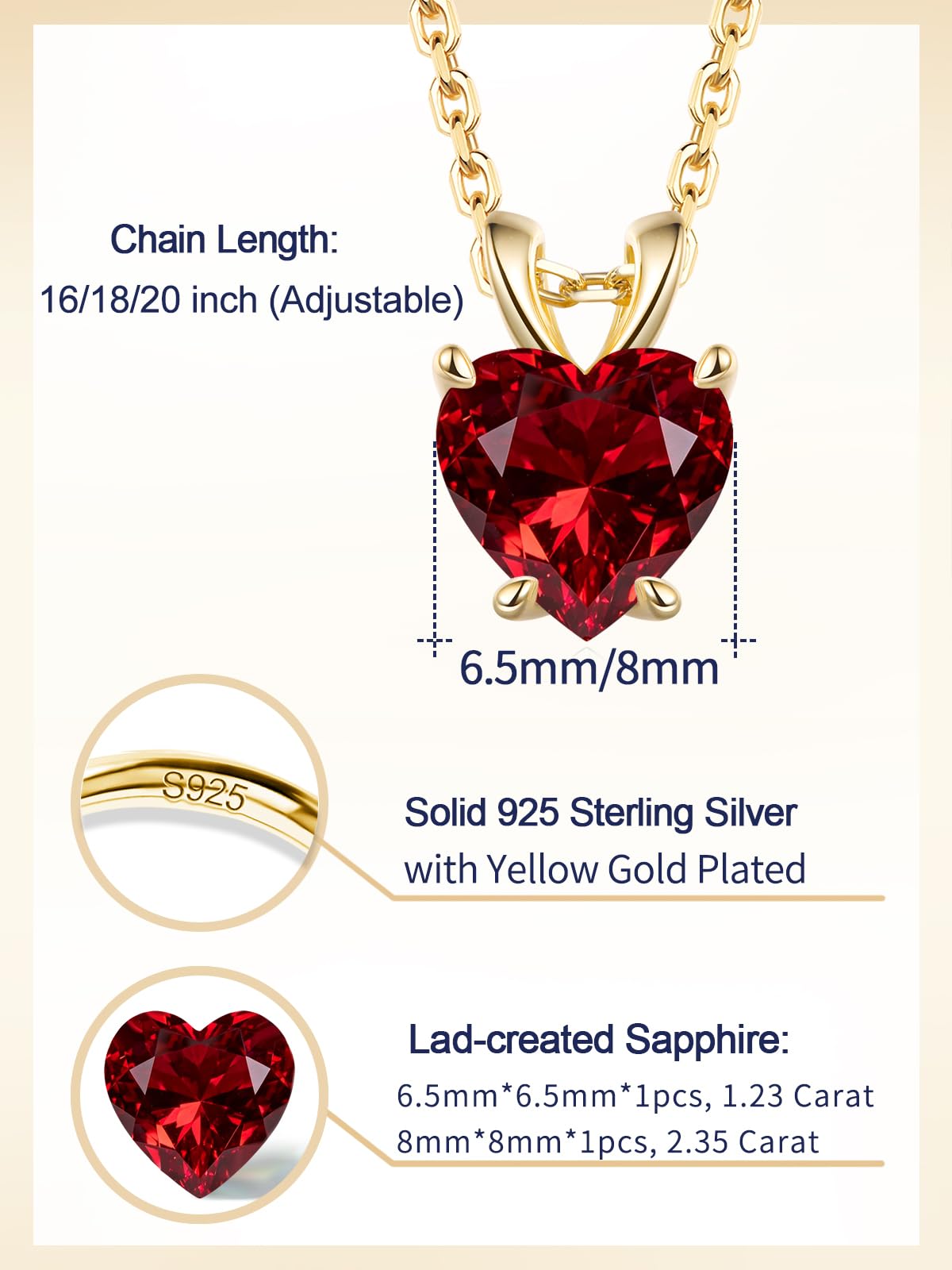 CYW 1 Carat Red Ruby Small Gold Heart Necklace for Women 925 Sterling Silver Solitaire Pendant Necklace