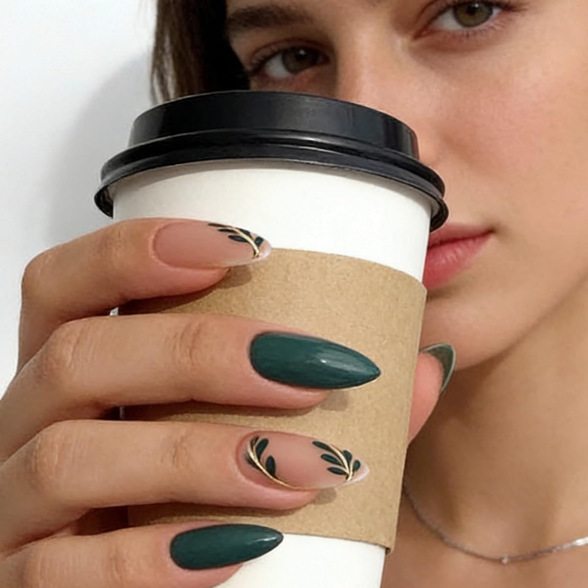 FJSMTOPl Green Press on Nails - Medium Almond Fake Nails - with Designs Leaf False Nails Press ons - Glue on Nails St Patricks Day Nails Acrylic Stick on Nail for Women 24 Pcs