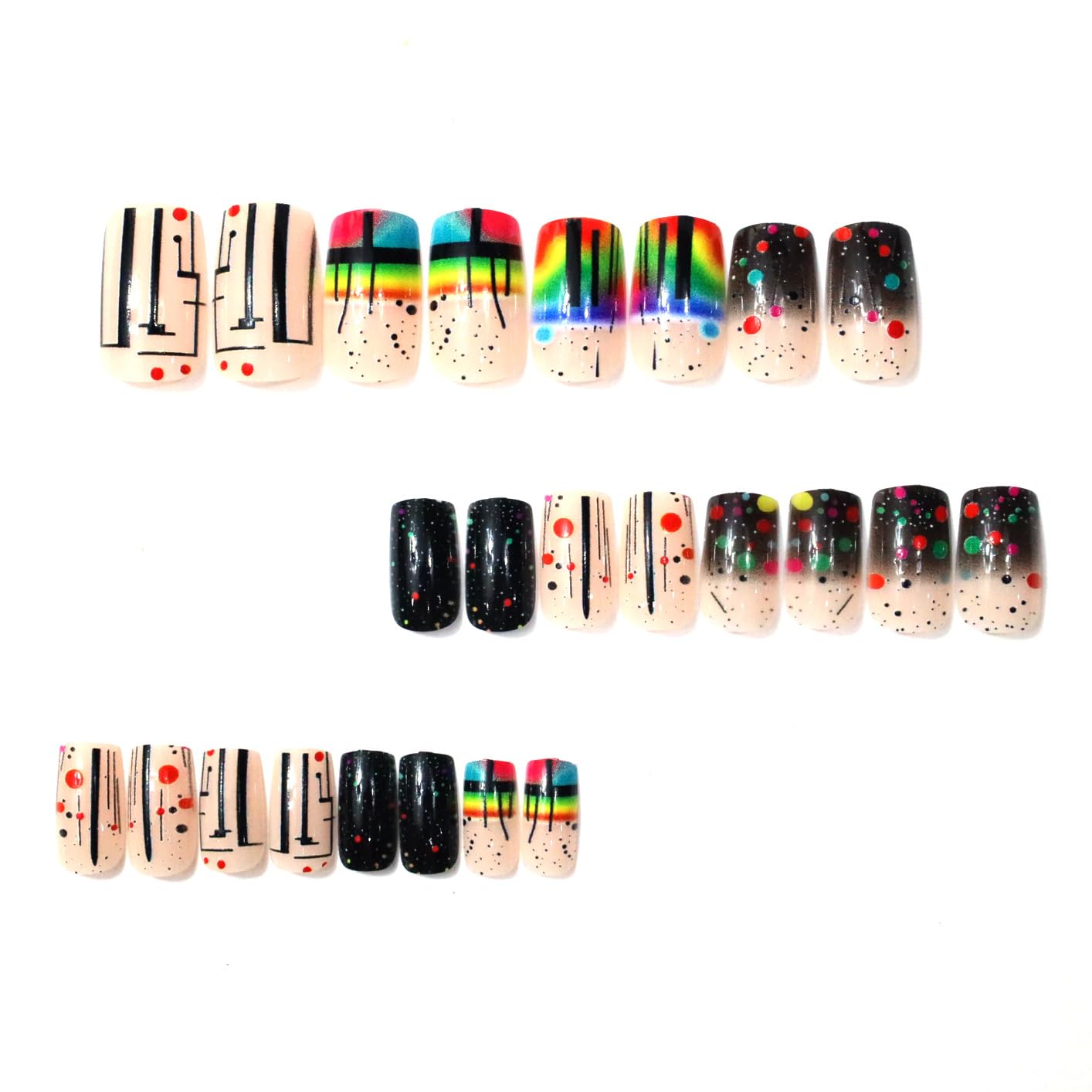 Rainbow Polka Dot Press on Nails Medium Square Fake Nails with Lines Dots Design Colorful Acrylic False Nail Glossy Full Cover Stick on Nail Reusable Artificial Summer Nails for Women 24Pcs
