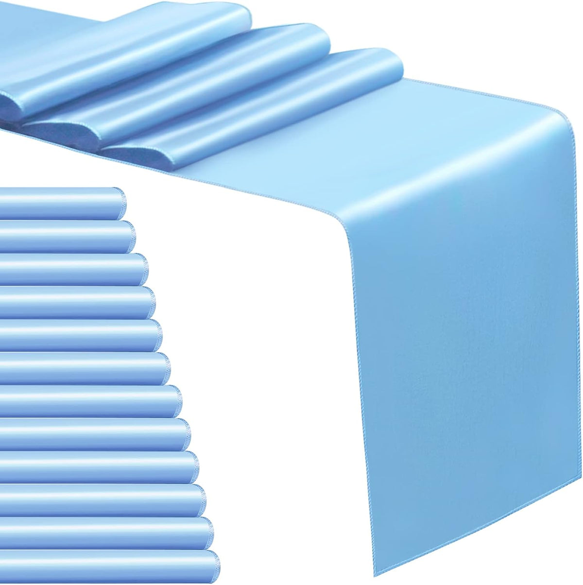 12 Pack Satin Table Runner 12 x 108 Inch Long Satin Table Runners for Wedding Banquet Graduations Birthday Party Decoration (Baby Blue)
