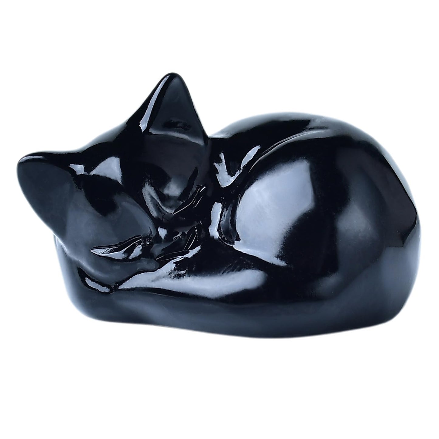 RUIJINGYUAN Black Obsidian Cat Statue - 2 Inch Hand Carved Healing Crystal Figurine, Sleeping Cat Stone Sculpture for Desk Decor, Office Home Gift for Cat Lovers