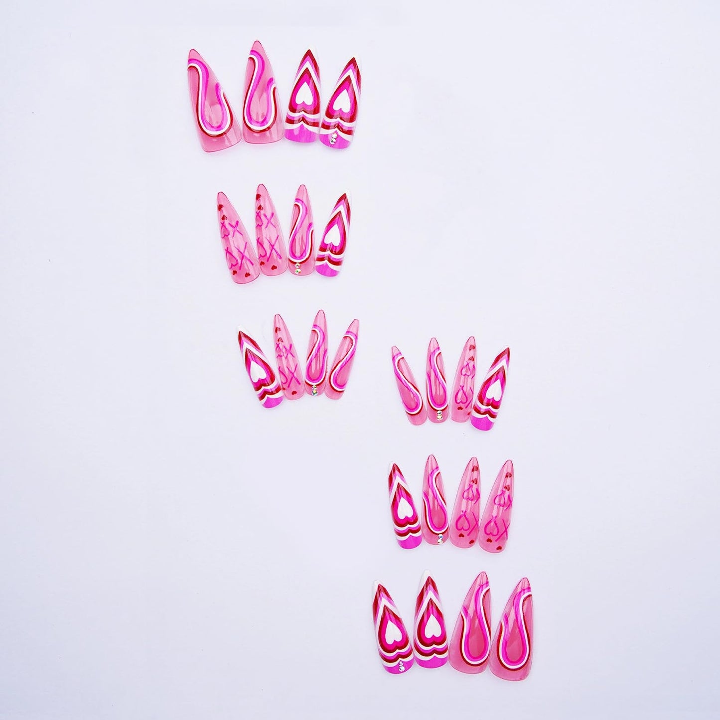 MISUD Press on Nails - Long Stiletto Fake Nails with Hot Pink, Acrylic Valentines Heart Design 24 pcs