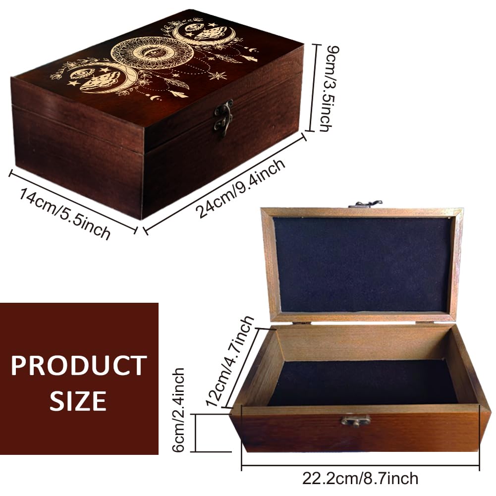 arricraft 1 Pc Wooden Memorial Storage Box, Sun and Moon Evil Eye Dreamcatcher Stars Flowers Pattern Rectangle Pine Photo Box for Anniversary Jewelry Board Storage (9.45x5.51x3.54 Inch)