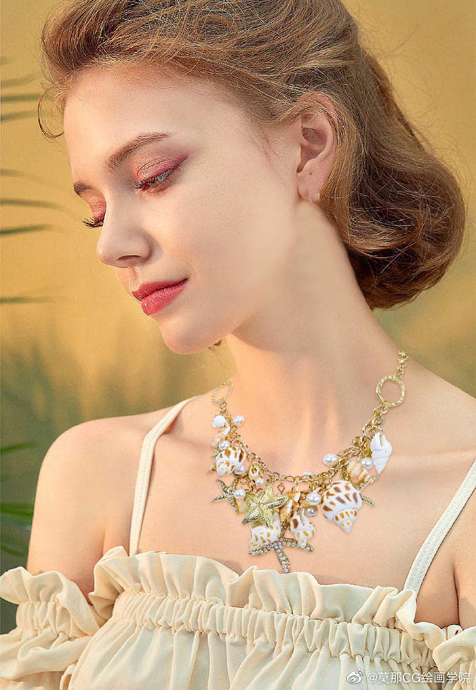Halawly Shell Necklace Choker - Mermaid Tail Fashion Sea Starfish Faux Pearl Collar Bib Statement Chunky Pendant Set