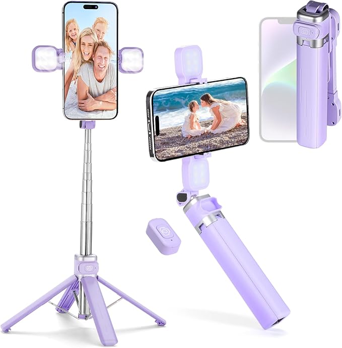 MQOUNY Mini iPhone Tripod Stand & Selfie Stick with Wireless Remote & Removable Light, Extendable Stand 360 Rotation Compatible with iPhone & Android Samsung (Purple)