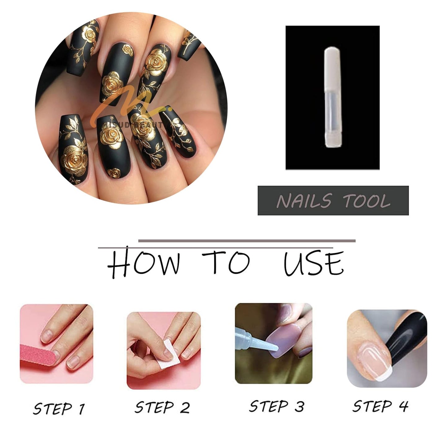 MISUD Press on Nails - Long Coffin Fake Nails with Black, Acrylic Gold Chrome Flower Design 24 pcs