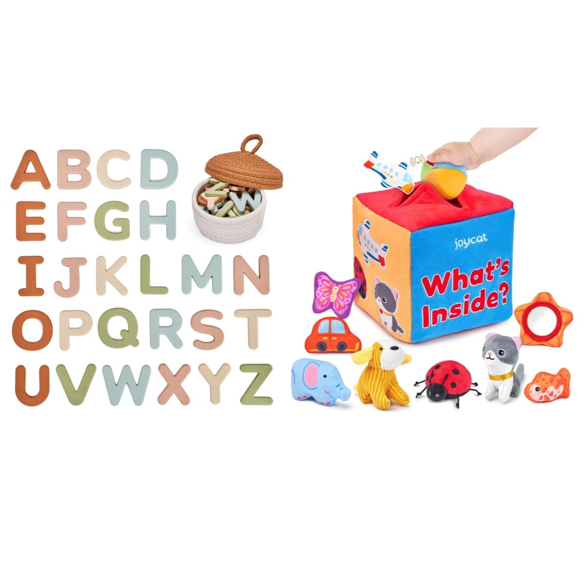 JoyCat Baby Toys - Mystery Soft Box with 10 Sensory Objects + Silicone Alphabet Magnetic Letters, 26 Uppercase ABC Fridge Magnets for Toddlers & Kids