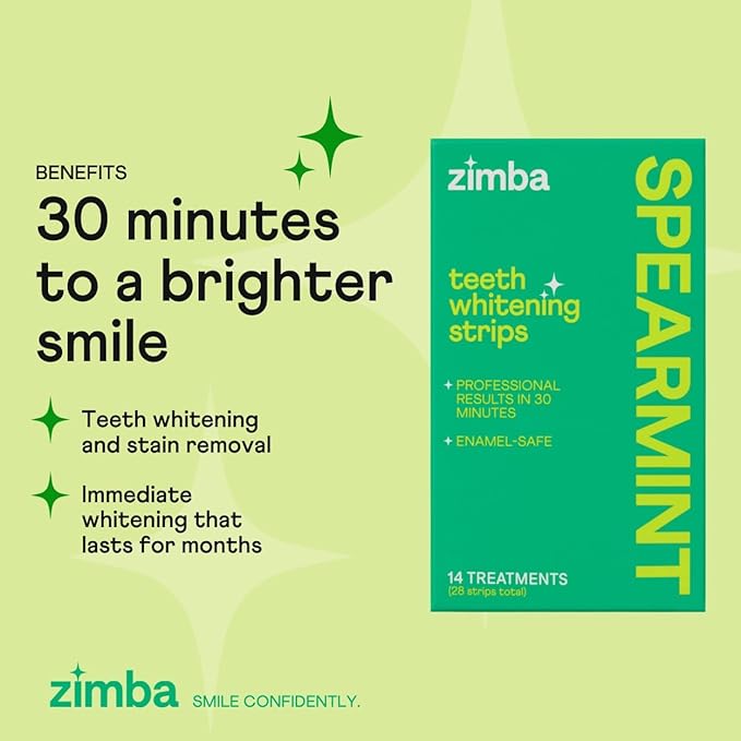 Zimba Teeth Whitening Strips for Teeth Sensitive, White Strips for Teeth Whitening, Teeth Whitener Stain Remover 28 White Strips Included Per Pack, 2 Pack (14 Day Treatment), Mint and Spearmint