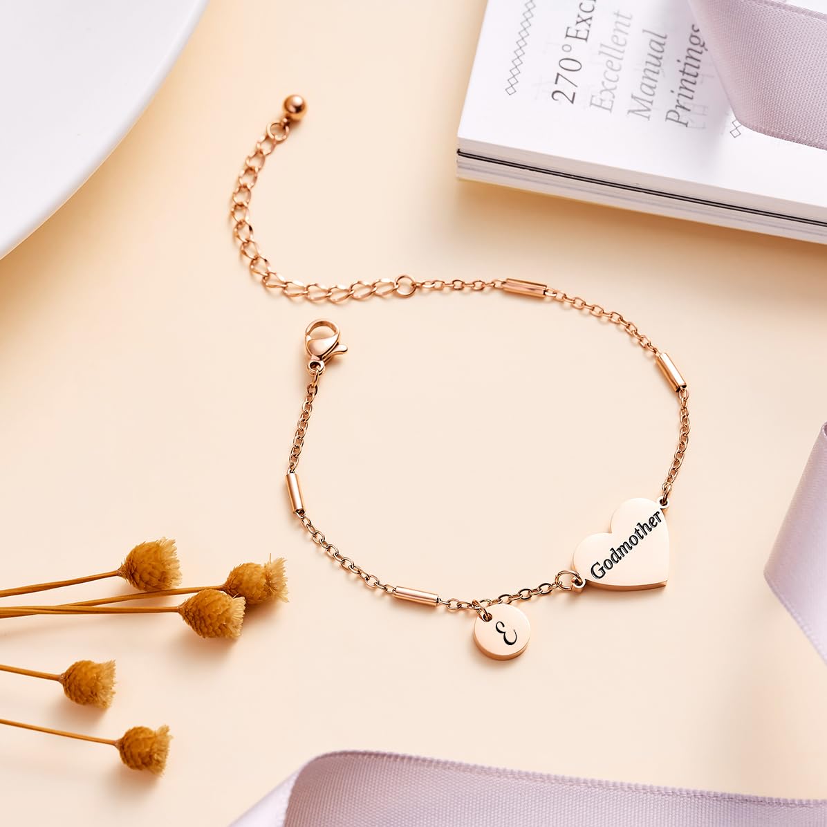 CHENVA Godmother Gifts Initial Bracelet Bangle for Women Gift for Godmother from Goddaughter (Godmother Bracelet-E-Rose Gold)