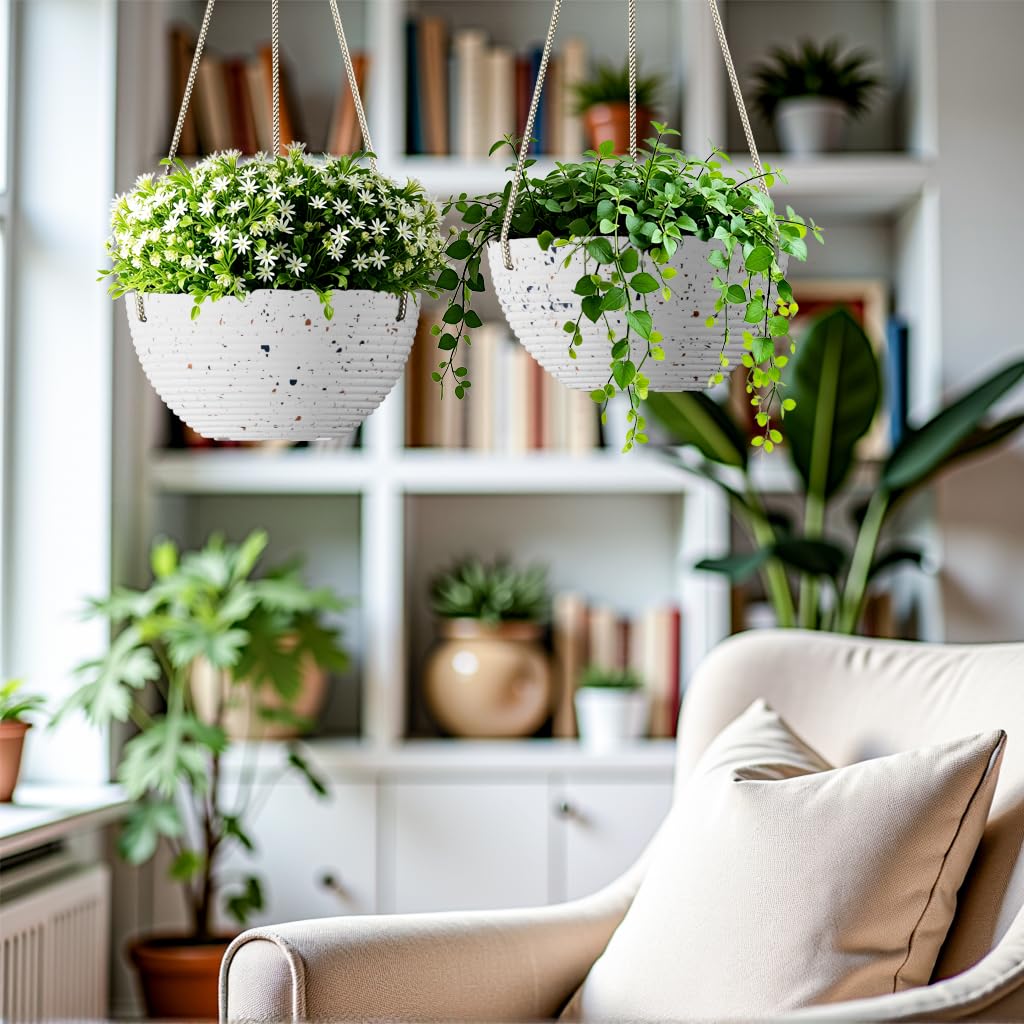 Asnext Line Pattern 10 Inch Hanging Planter for Indoor Outdoor Plants, 2 Pack Round Hanging Pots for Plants (Speckled White)