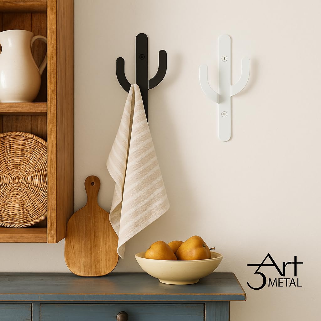 3Art Metal Cactus Wall Hooks Set of 2 – Black & White Minimal Metal Hangers – Decorative Wall Rack for Entryway, Bathroom, Kitchen, Modern Minimalist Decor