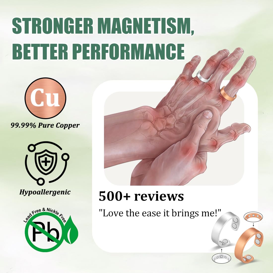 Vicmag 2PCS Magnetic Copper Rings for Women & Men,99.99% Pure Copper Ring with 9X Magnets Gift Adjustable(9X Copper & Silver)