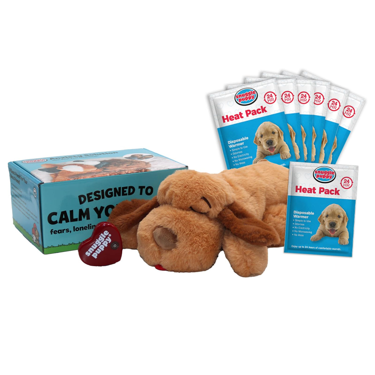 Snuggle Puppy Heartbeat Toy, 6 Heat Packs, Calming Comfort - Biscuit