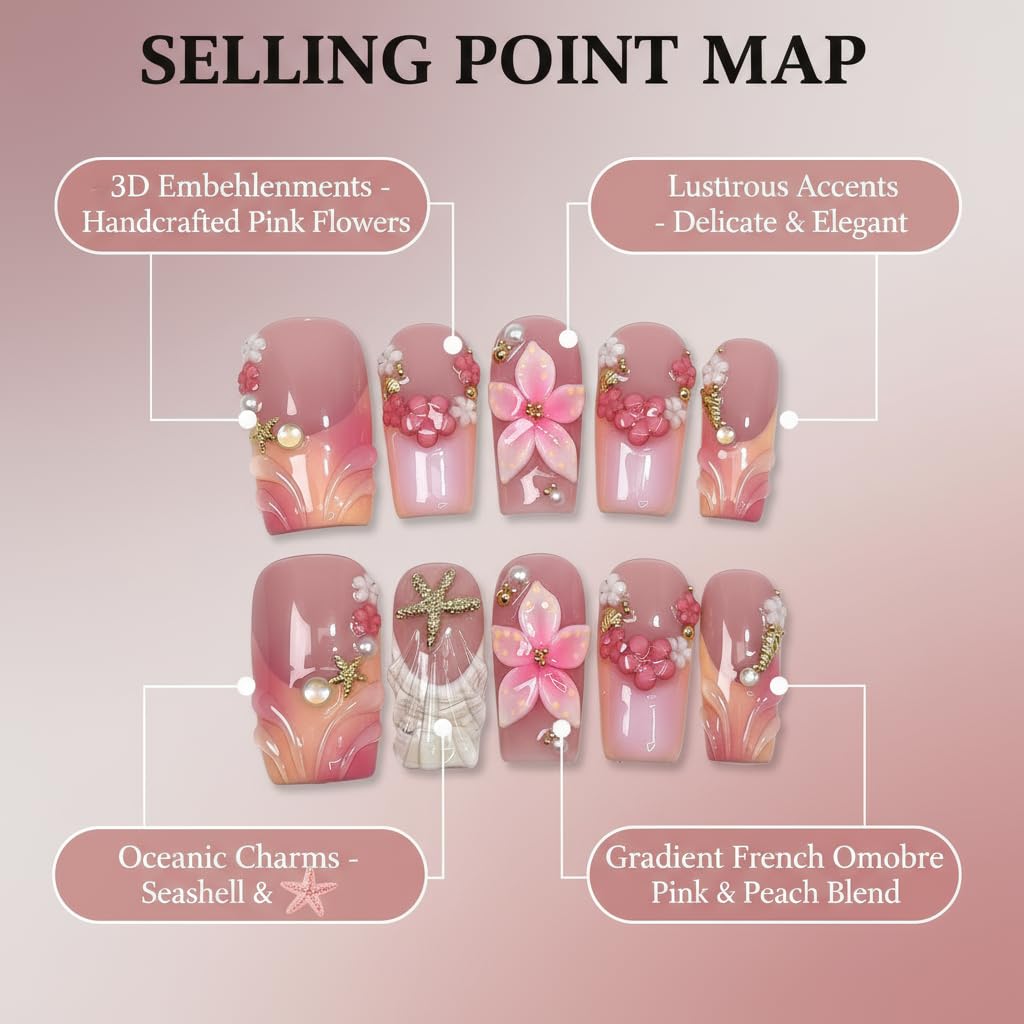 Handmade Press on Nails Medium Square Fake Nails Pink French Tip with 3D Flower Designs Beach luxury Glossy Cute Acrylic Nails for Women 10pcs (Size M）