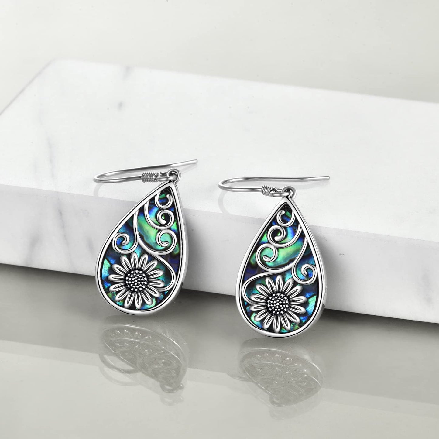 POPLYKE 925 Sterling Silver Sunflower Earrings Teardrop Abalone Dangle Earrings for Women Sunflower Jewelry