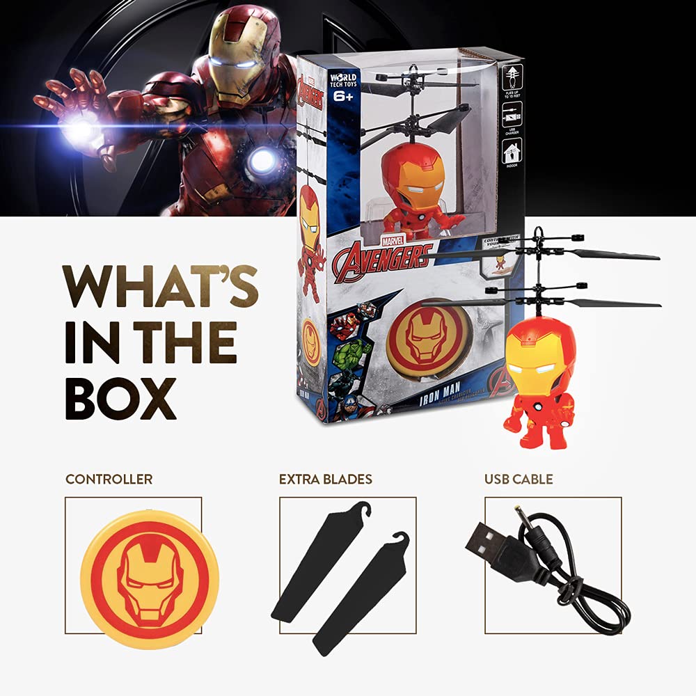 World Tech Toys Marvel Iron Man Big Head Helicopter Toy – Motion Sensored Flying Toy for Kids – Marvel Licensed – Kids Ages 6+