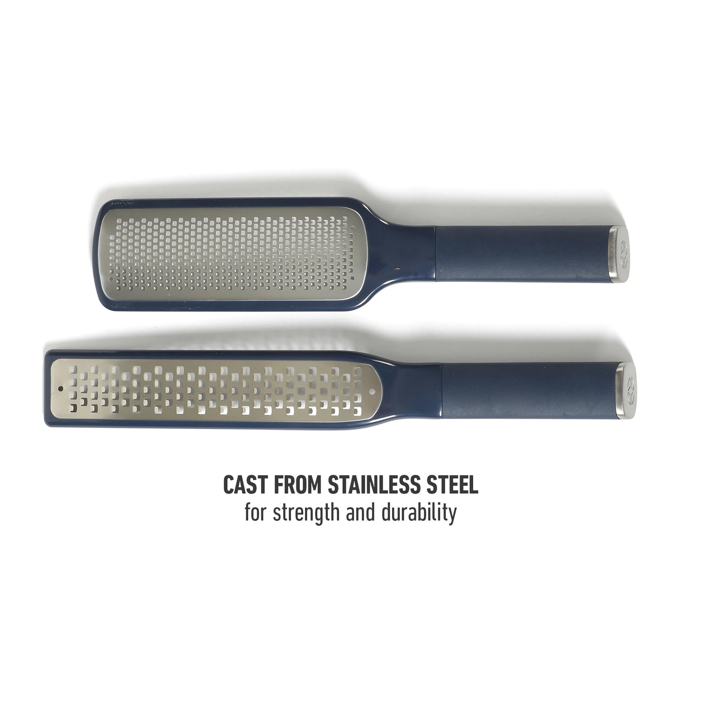 Calphalon Edge 2 Piece Stainless Steel Handheld Cheese Grater and Lemon Zester W/Covers & Rubber Handles - Navy Blue