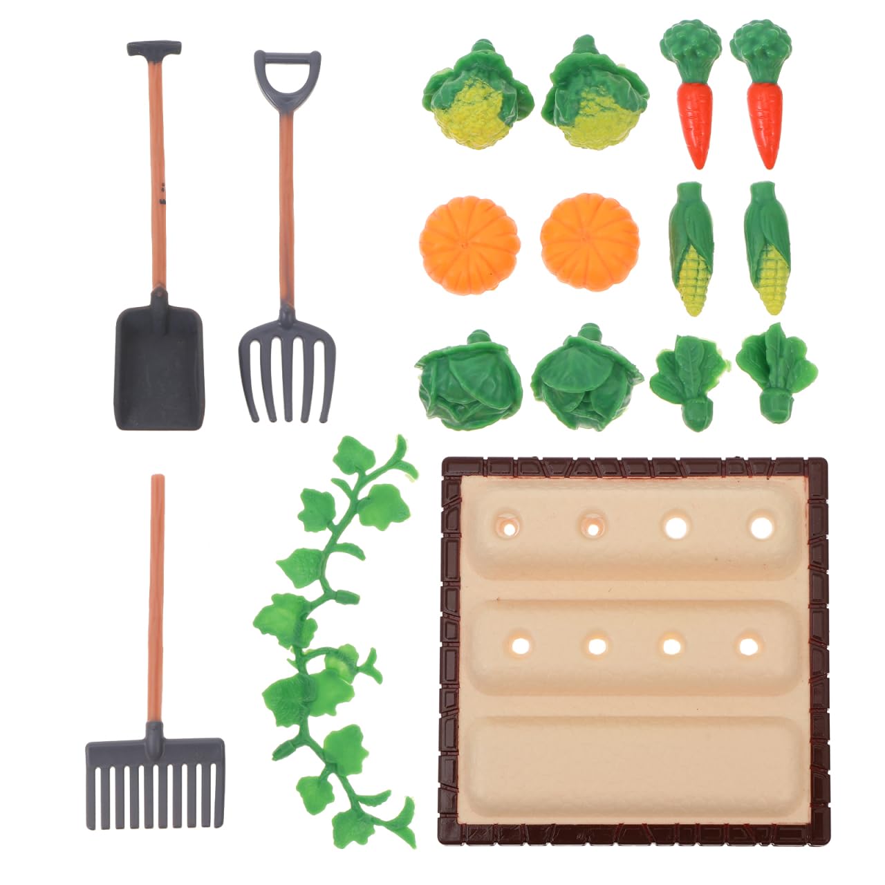 Mini Landscape Vegetable Field Model with 3 Farm Tool Models 1/12 Scale Small Shovel Gardening Tools for Dollhouse Scene Decor 3.54X3.54X0.78 Inch