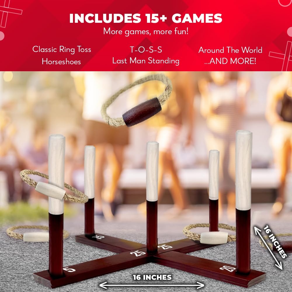 Swooc Games - Premium Rustic Ring Toss Game (All Weather) - Easy Setup & Extra Games Included - Outdoor Ring Toss Game for Adults and Kids - Yard Activity For Adults - Oversized Lawn Activity Rope Set